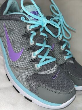 Nike Gray Sneakers with Purple Swoosh and Aqua Laces